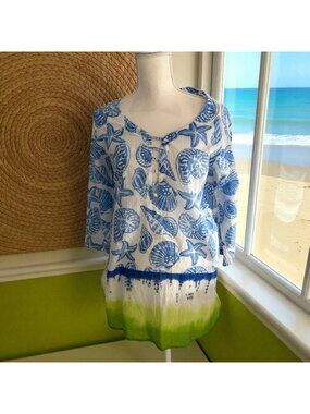PEPPERMINT BAY 100% Cotton Seashell Green Blue Ombre Tunic Top Size S